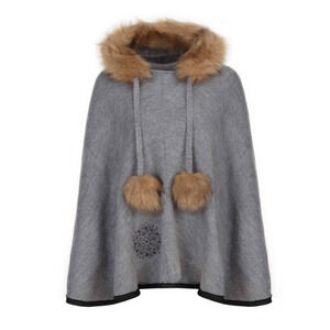 DESIGUAL Women's Ygritte Gray Chunky Knit One Size Hooded Poncho Pom Poms Boho